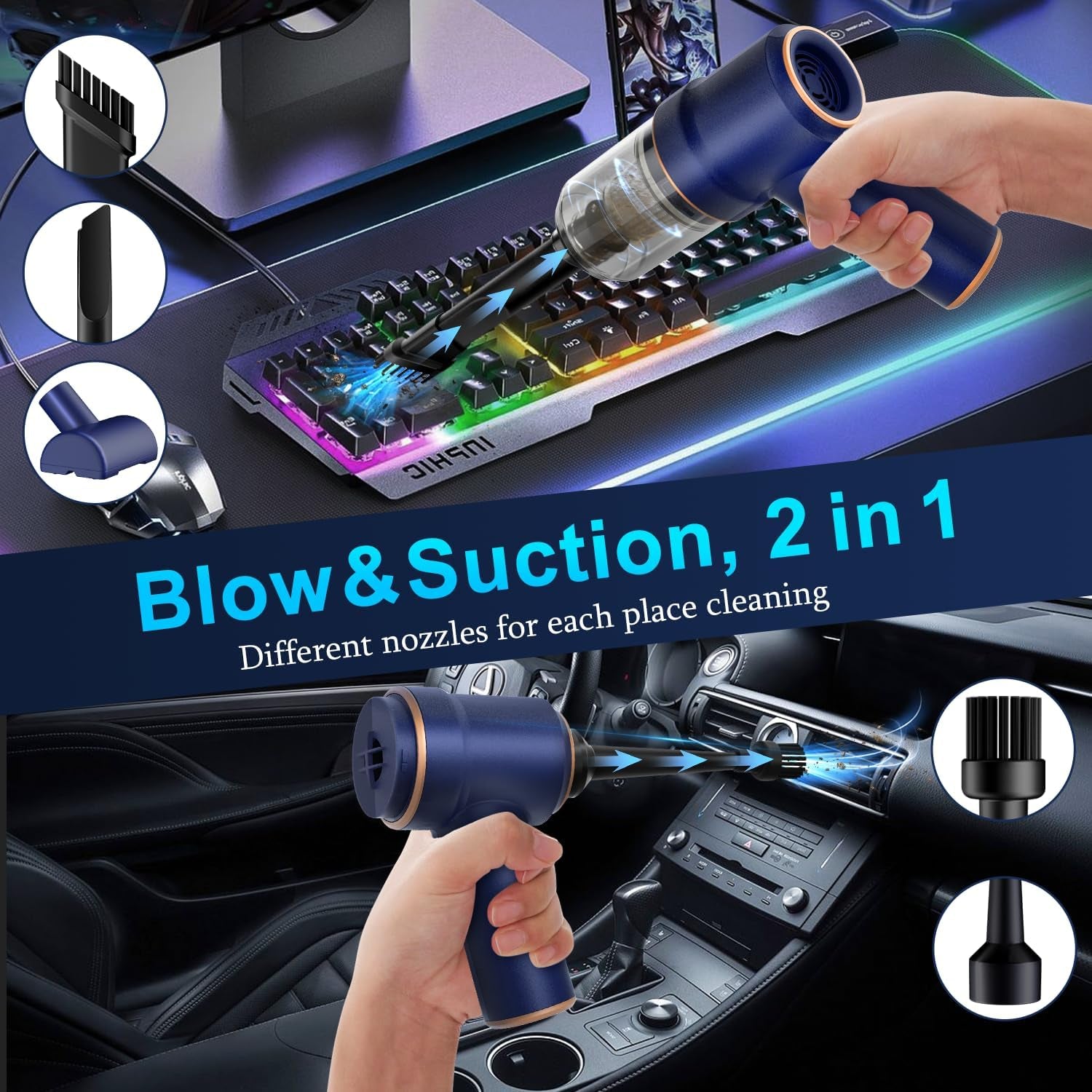 Handheld Car Vacuum Cleaner, 9000Pa Vacuum Cleaner and Air Duster, 120W High Power Hand Held Vacuum with LED Light and Multi-Nozzles for Car, Home, Office, Pet